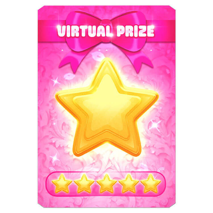 Virtual prize card featuring a gold star on a pink background with a bow, representing rewards in gaming.