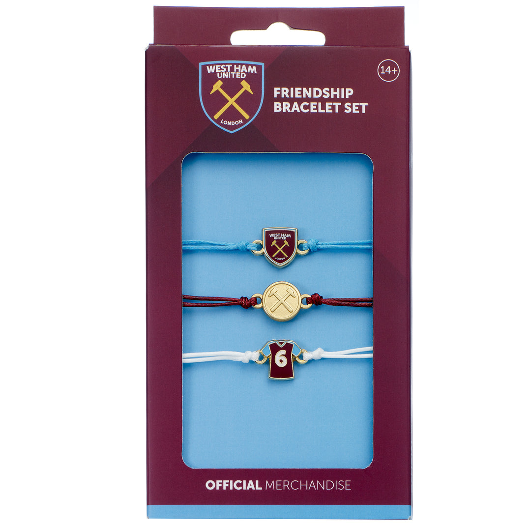 West Ham friendship bracelet set featuring team emblems in adjustable cord design for fans and friends.