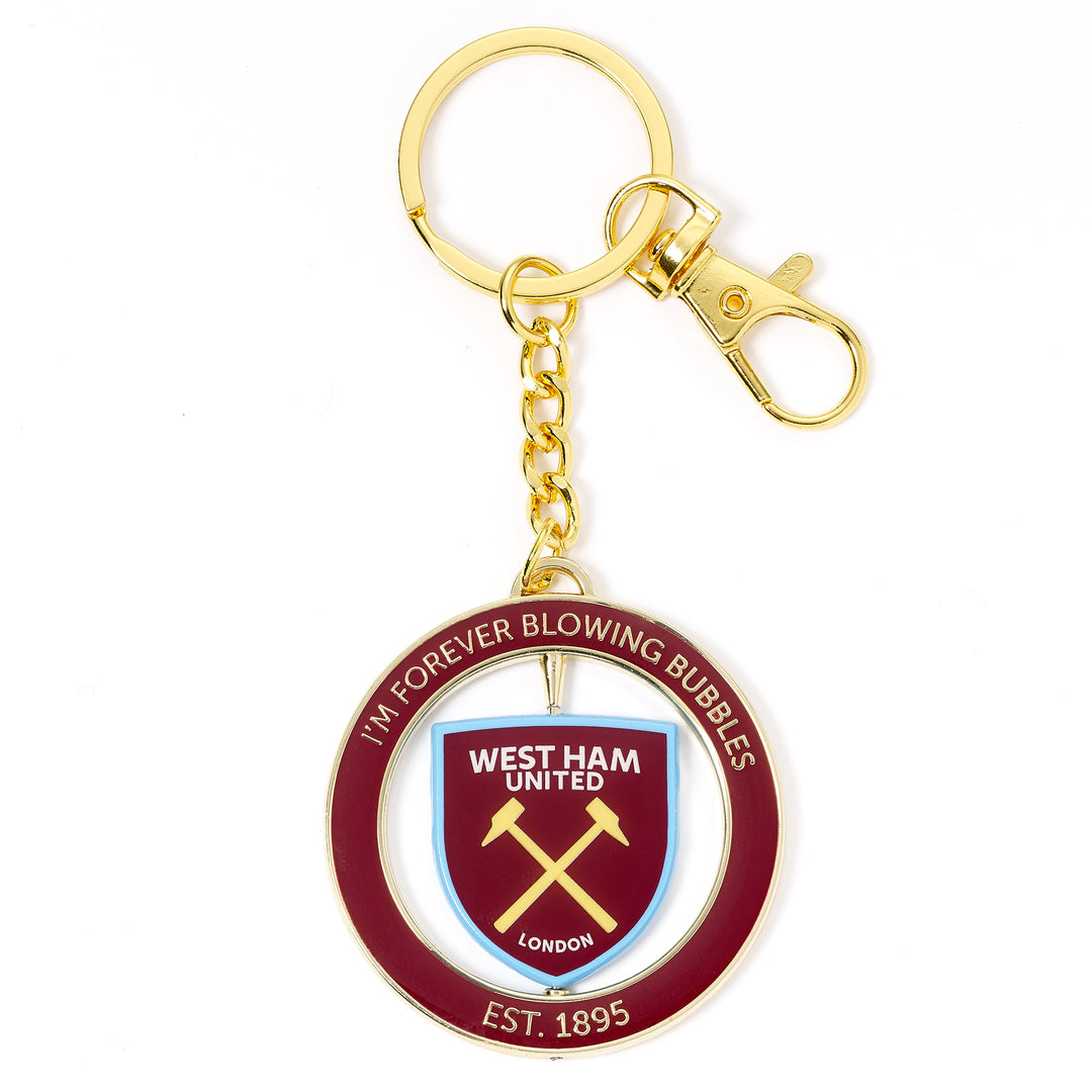 West Ham spinning keyring featuring club colors and shield, saying &