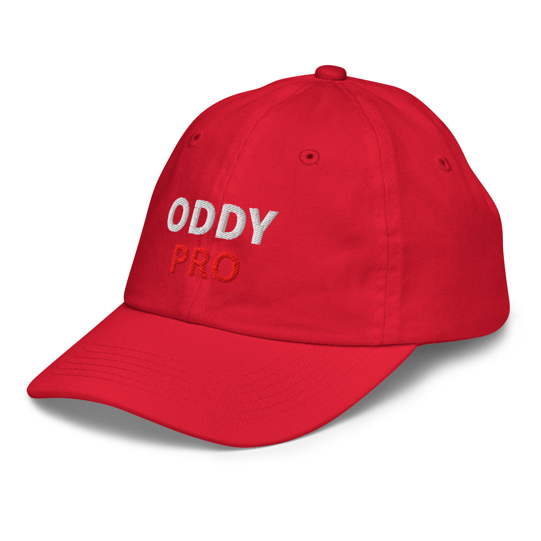 Oddy Pro Youth baseball cap in red with embroidered logo, perfect for training and outdoor activities.