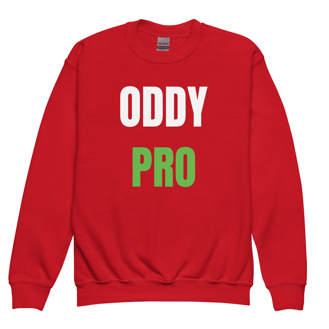 Oddy Pro Youth crewneck sweatshirt in red with bold letters, cozy and stylish for any adventure.