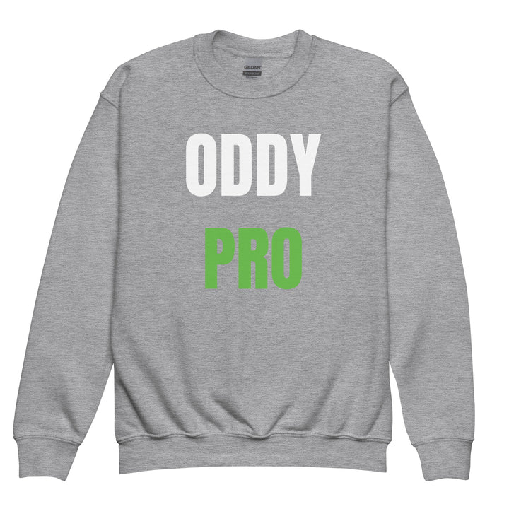 Oddy Pro Youth crewneck sweatshirt in gray with bold white and green lettering, perfect for cozy adventures.