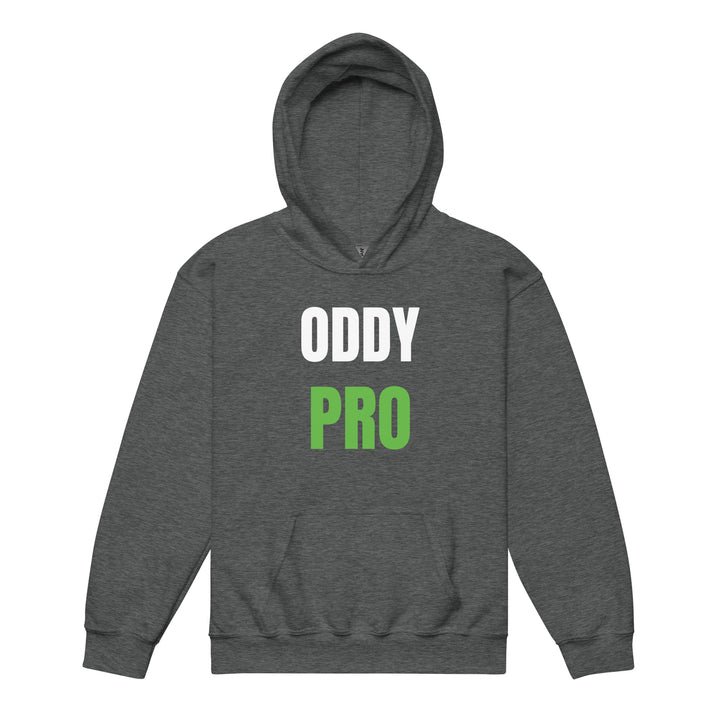 Oddy Pro youth heavy blend hoodie in dark gray with white and green lettering, perfect for active children.