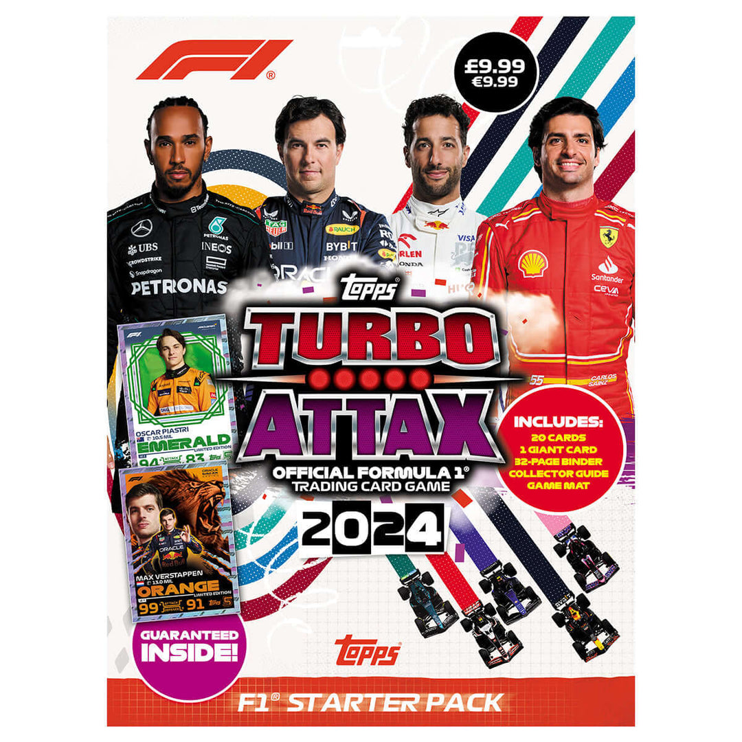 Turbo Attax Official Formula 1 Trading Card Game 2024 Starter Pack featuring race car drivers on the cover